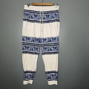 Women's Loft Size Small Linen Blend Boho Joggers Drawstrings Artsy Beach Geo Blu